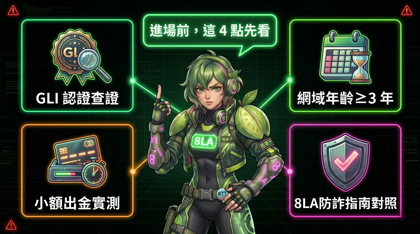 芭樂子 4 大自查點：GLI 認證 / 網域年齡 / 出金驗證 / 8LA 防詐指南對照