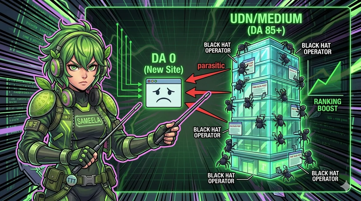 寄生 SEO 運作原理示意圖：黑帽操作者借用高權重母站的 Domain Authority 快速排名