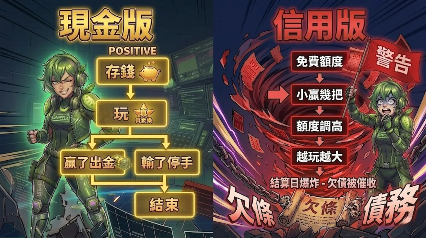 現金版 vs 信用版流程對比圖：現金版是存錢→玩→贏了出金或輸了停手→結束；信用版是免費額度→小贏幾把→額度調高→越玩越大→結算日爆炸→欠債被催收