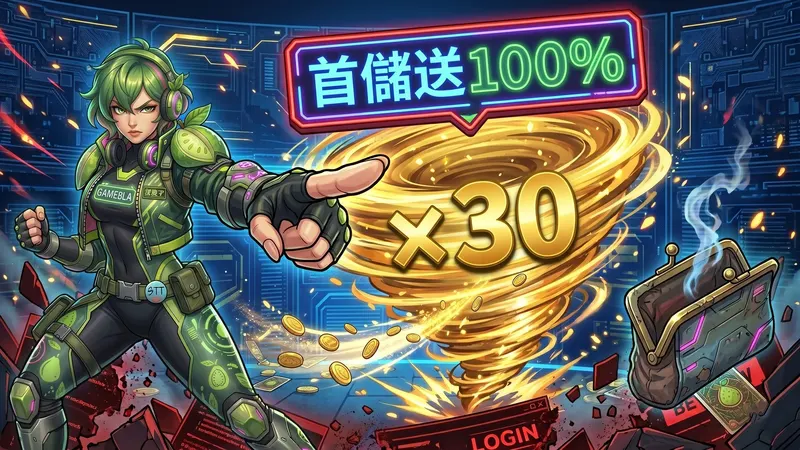 芭樂子指向×30流水漩渦，金幣被吸走，旁邊是首儲送100%霓虹招牌和空錢包