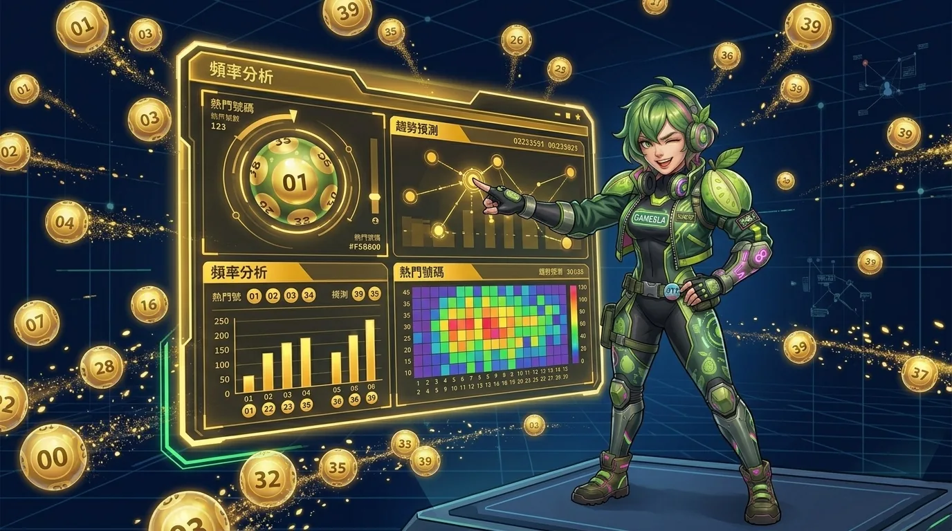 芭樂子站在全息數據面板前展示 GAME8LA 樂透數據站——封面視覺