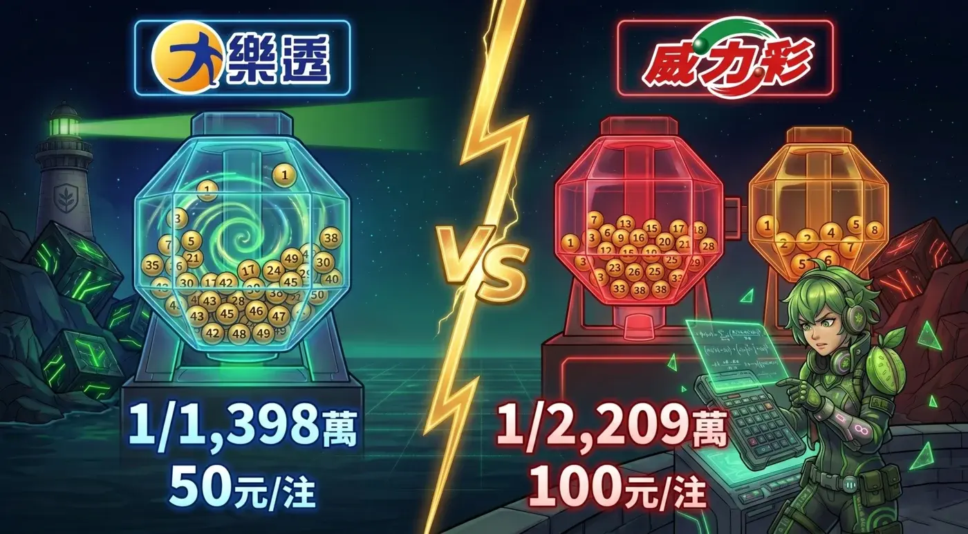 威力彩vs大樂透差別完整比較-2026最新｜芭樂子站在大樂透藍色扭蛋機與威力彩紅色雙區扭蛋機中間，頭獎機率1/1398萬vs1/2209萬｜GAME8LA