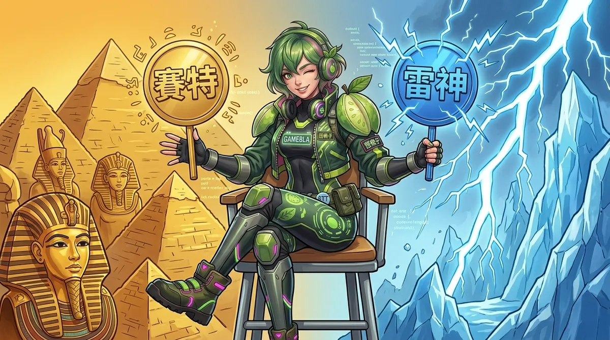 芭樂子坐在裁判椅上，左手舉賽特牌子右手舉雷神牌子