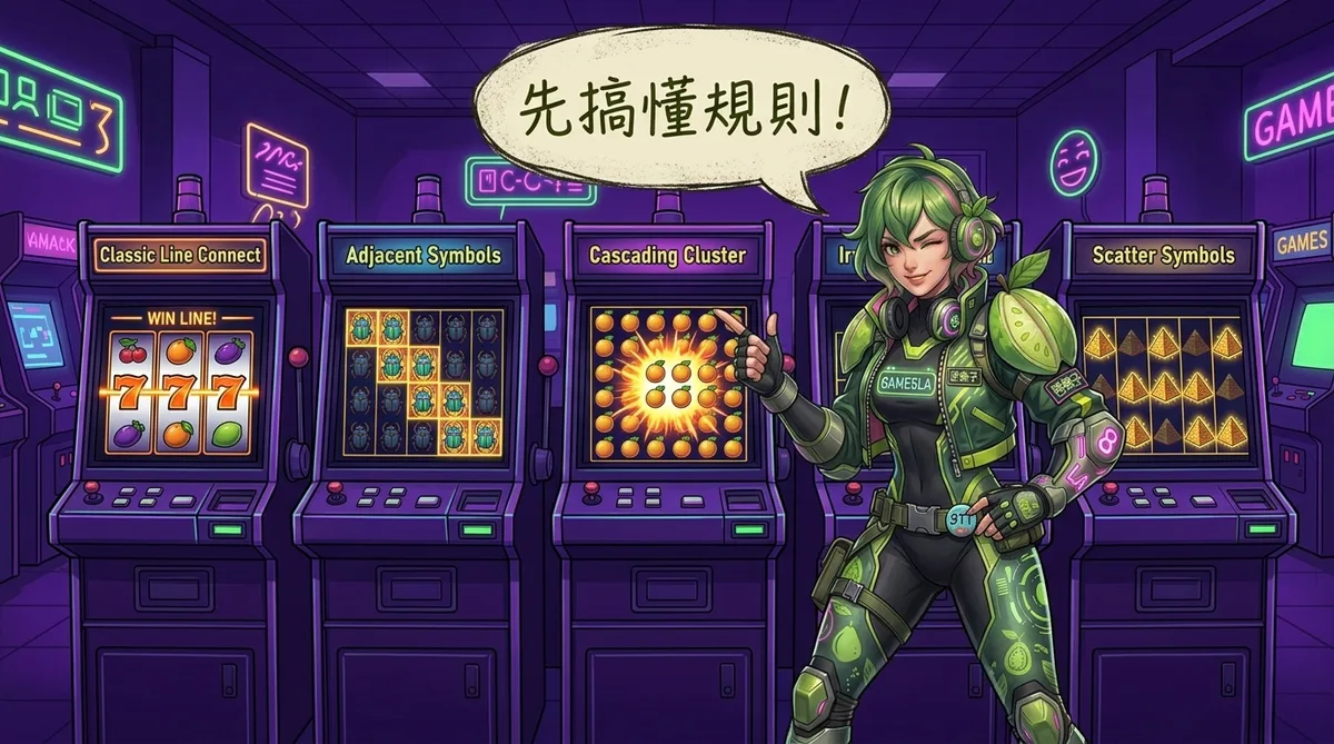 芭樂子站在五台不同類型老虎機前，手指比著螢幕講解——老虎機新手入門封面圖