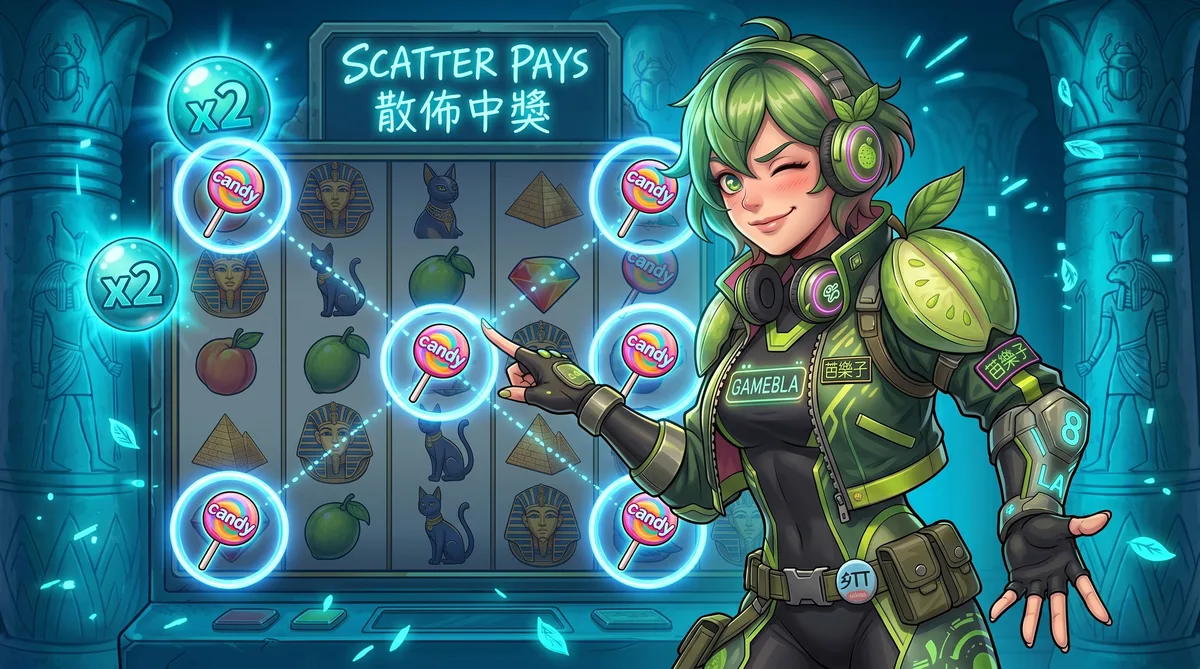 Scatter Pays 散佈中獎圖解：盤面任意位置 8 個以上相同符號即中獎
