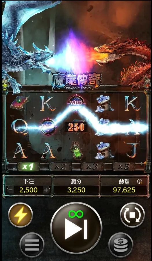 魔龍傳奇主遊戲畫面：5軸盤面、左青龍右紅龍、倍數連鎖指示器